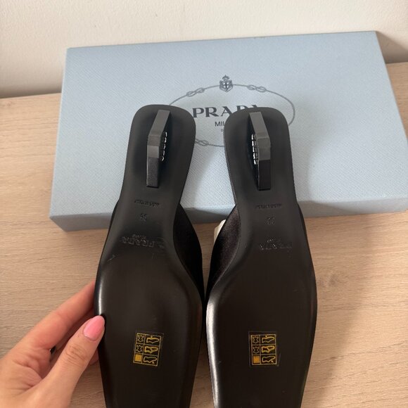 NWT Prada Slip-On Mules Black Satin Square Toe Leather Sole Triangle Heels Sz 36 - Picture 12 of 12